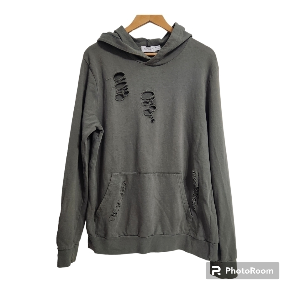 Topman Olive Green  Distress Sweatshirts Hoodie Womens Medium